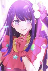 Rule 34 | 1girl, bow, confetti, dress, finger to cheek, finger to face, gloves, hair bow, hair ornament, highres, hoshino ai (oshi no ko), index finger raised, long hair, looking at viewer, one side up, open mouth, oshi no ko, parted lips, pink dress, pink gloves, purple eyes, purple hair, rabbit hair ornament, raised eyebrow, sidelocks, sleeveless, sleeveless dress, smile, solo, star (symbol), star in eye, symbol in eye, tsubaki yu, turtleneck, upper body
