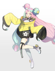 Rule 34 | 1girl, :d, absurdres, boots, bright pupils, character hair ornament, commentary request, creatures (company), full body, game freak, green hair, hair ornament, high heel boots, high heels, highres, iono (pokemon), jacket, kabanoki, leg up, long hair, nintendo, open mouth, pink hair, pokemon, pokemon sv, sharp teeth, shirt, simple background, single leg pantyhose, sleeveless, sleeveless shirt, sleeves past fingers, sleeves past wrists, smile, solo, teeth, thigh strap, tongue, twintails, upper teeth only, white background, white shirt, yellow jacket