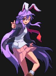 Rule 34 | 1girl, ;d, animal ears, black background, black jacket, blazer, brown footwear, collared shirt, commentary, jacket, long hair, long sleeves, looking at viewer, necktie, one eye closed, open mouth, pink skirt, pixel art, pointing, pointing at viewer, potemki11, purple hair, rabbit ears, rabbit girl, rabbit tail, red eyes, red necktie, reisen udongein inaba, shirt, simple background, skirt, smile, socks, solo, tail, touhou, very long hair, white shirt, white socks