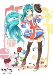 Rule 34 | 10s, 1girl, 2013, absurdres, animal ears, aqua eyes, aqua hair, artist name, bing gang, boots, cat, cat ears, cat tail, cross-laced footwear, dated, hat, hatsune miku, high heels, highres, holding, holding clothes, holding hat, lace-up boots, long hair, skirt, solo, tail, thighhighs, unworn hat, unworn headwear, very long hair, vocaloid, yarn, yarn ball