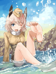 Rule 34 | 1girl, animal ears, barefoot, blonde hair, blue eyes, feet, hat, head wings, hi-ho-, military, military uniform, one eye closed, open mouth, panties, raisa pottgen, short hair, sitting, smile, soles, solo, splashing, strike witches, toes, underwear, uniform, water, wet, wet clothes, wings, wink, witches of africa, world witches series