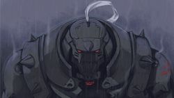 Rule 34 | 1boy, alphonse elric, animated, animated gif, armor, commentary, english commentary, flamel symbol, fullmetal alchemist, glowing, glowing eyes, grey background, helmet, lowres, male focus, rain, red eyes, simple background, solo, standing, upper body