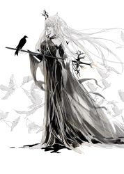 Rule 34 | 1girl, animal, arknights, bare shoulders, bird, black dress, breasts, criss-cross halter, crow, detached sleeves, dove, dress, floating hair, flock, full body, grey hair, halter dress, halterneck, highres, holding, holding sword, holding weapon, horns, large breasts, long hair, looking at animal, looking at viewer, pointy ears, shining (arknights), simple background, sketch, solo, standing, sword, very long hair, weapon, white background, ye (ran chiiipye)