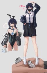 Rule 34 | 1boy, 1girl, animal ears, arm up, black hair, black hairband, black jacket, black leotard, black skirt, breasts, collared shirt, commentary, covered navel, diagonal-striped clothes, diagonal-striped necktie, fake animal ears, grey eyes, groin, hair between eyes, hairband, hand on own hip, highres, jacket, leotard, long hair, long sleeves, looking at viewer, low twintails, mask, mouth mask, multiple views, necktie, off shoulder, open clothes, open jacket, original, pleated skirt, puffy long sleeves, puffy sleeves, rabbit ears, sawkm, shirt, shoes, skirt, small breasts, socks, standing, strapless, strapless leotard, striped clothes, twintails, unworn shoes, white footwear, white shirt, white socks
