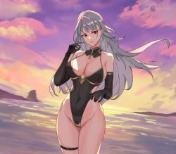 Rule 34 | 1girl, aoao-max, bare shoulders, black one-piece swimsuit, blunt bangs, breasts, cleavage, cloud, detached collar, elbow gloves, gloves, highleg, highleg swimsuit, highres, large breasts, long hair, one-piece swimsuit, outdoors, pink lips, red eyes, selvaria bles, senjou no valkyria, senjou no valkyria (series), senjou no valkyria 1, silver hair, smile, standing, sunset, swimsuit, thighlet, water