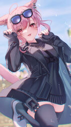 Rule 34 | 1girl, :p, ahoge, animal ears, black dress, black gloves, black jacket, black thighhighs, cat ears, cat tail, chromatic aberration, commission, dress, earrings, eyewear on head, facial mark, final fantasy, final fantasy xiv, fingerless gloves, gloves, highres, jacket, jewelry, khr 39, long hair, looking at viewer, miqo&#039;te, open clothes, open jacket, pink hair, skeb commission, solo, sunglasses, tail, thighhighs, tongue, tongue out, warrior of light (ff14), whisker markings