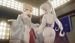 Rule 34 | 2girls, alternate costume, alternate hairstyle, ass, ayaka (genshin impact), blue eyes, blurry, blurry background, blush, breasts, commentary, floral print, flower, genshin impact, hair bun, hair flower, hair ornament, hair ribbon, highres, ia (ias1010), indoors, japanese clothes, kimono, large breasts, long hair, looking at viewer, lumine (genshin impact), multiple girls, obi, parted lips, pink ribbon, ponytail, ribbon, sash, single hair bun, sparkle print, tress ribbon, very long hair, white flower, white hair, white kimono, wide sleeves, window, yellow eyes