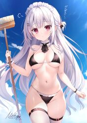 Rule 34 | 1girl, bare arms, bare shoulders, bikini, black bikini, black choker, breasts, breasts apart, choker, closed mouth, cowboy shot, day, frilled bikini, frilled choker, frills, hair ornament, hairclip, halterneck, highres, holding, holding mop, long hair, looking at viewer, maid, maid bikini, maid headdress, medium breasts, mitha, mop, navel, one side up, original, outdoors, red eyes, skindentation, solo, standing, stomach, string bikini, sunlight, swimsuit, thigh gap, thigh strap, thighhighs, thighs, unconventional maid, very long hair, white hair, white thighhighs, wrist cuffs