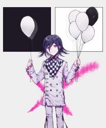 Rule 34 | 1boy, balloon, black background, black hair, blood, buttons, checkered clothes, checkered neckwear, checkered scarf, closed mouth, commentary request, cross, danganronpa (series), danganronpa v3: killing harmony, double-breasted, feet out of frame, flipped hair, goto (sep), grey background, hair between eyes, hands up, highres, holding, jacket, long sleeves, looking at viewer, male focus, oma kokichi, pants, pink blood, purple eyes, purple hair, scarf, short hair, smile, solo, standing, straitjacket, white background, white jacket, white pants