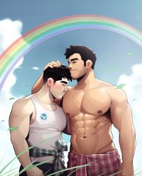 Rule 34 | 2boys, abs, bara, black hair, black pants, blue sky, blush, closed mouth, clothes around waist, cloud, couple, day, facial hair, falling leaves, hand on another&#039;s head, headpat, jacket, jacket around waist, large pectorals, leaf, lgbt pride, male focus, multiple boys, muscular, muscular male, navel, nerdyart1, nipples, original, outdoors, pants, pectorals, rainbow, short hair, sideburns, sky, smile, stubble, tank top, thick eyebrows, topless male, unworn jacket, white tank top, yaoi