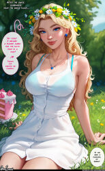 Rule 34 | 1girl, absurdres, aroma sensei, bare shoulders, blonde hair, blue bra, blue eyes, blush, bra, breasts, buttons, cake, cleavage, collarbone, daisy, earrings, english text, eyeshadow, flower, food, freckles, haley (stardew valley), head wreath, highres, jewelry, large breasts, lips, long hair, makeup, necklace, outdoors, see-through, sideboob, skirt, smile, solo, stardew valley, underwear, wavy hair