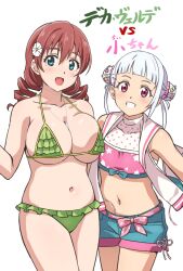 Rule 34 | 2girls, arashi chisato, bare arms, bare legs, bare shoulders, bikini, blue eyes, blunt bangs, breasts, brown hair, cleavage, collarbone, commentary request, double bun, drill hair, emma verde, flower, frilled bikini, frills, green bikini, grin, hair between eyes, hair bun, hair flower, hair ornament, hair scrunchie, in-franchise crossover, jewelry, large breasts, light blush, long hair, looking at viewer, love live!, love live! nijigasaki high school idol club, love live! superstar!!, midriff, multicolored clothes, multicolored swimsuit, multiple girls, necklace, open mouth, pun, red eyes, scrunchie, short shorts, shorts, sideboob, single sidelock, sleeveless, sleeveless jacket, small breasts, smile, swimsuit, translation request, turkey min, twin drills, underboob, vs, white background, white hair