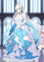Rule 34 | &gt; &lt;, 2girls, absurdres, bare shoulders, blue dress, blue eyes, blue flower, blue hair, blue rose, bracelet, breasts, cleavage, commentary request, dress, earrings, fate/grand order, fate (series), flower, full body, gradient hair, habetrot (fate), hair intakes, head tilt, height difference, highres, indoors, jacket, jewelry, long hair, long skirt, looking at viewer, medium breasts, morgan le fay (fate), mukunokino isshiki, multicolored hair, multiple girls, necklace, pants, parted lips, partial commentary, pink hair, pink jacket, purple lips, ring, rose, shoes, skirt, smile, standing, veil, very long hair, wedding dress, white dress, white hair, white pants