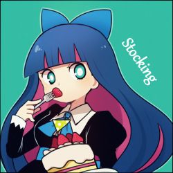 Rule 34 | 10s, 1girl, ayu (mog), bad id, bad pixiv id, blue eyes, blue hair, bow, cake, colored inner hair, eating, food, fork, fruit, hair bow, long hair, looking at viewer, matching hair/eyes, multicolored hair, panty &amp; stocking with garterbelt, plate, solo, stocking (psg), strawberry, strawberry shortcake, two-tone hair