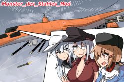Rule 34 | 3girls, aircraft, aircraft request, anchor necklace, black bow, black headwear, black sailor collar, blue shawl, bow, breasts, brown eyes, brown hair, brown shirt, cleavage, commentary request, facial scar, flat cap, fur hat, gangut (kancolle), gradient sky, grey hair, grey sky, hair bow, hat, helicopter, hibiki (kancolle), inset, jewelry, kantai collection, komatinohu, kurogane no houkou, large breasts, long hair, low twintails, missile, multiple girls, necklace, papakha, peaked cap, sailor collar, scar, scar on cheek, scar on face, scarf, school uniform, serafuku, shawl, shirt, sky, tashkent (kancolle), torn clothes, torn scarf, twintails, upper body, verniy (kancolle), white headwear, white scarf