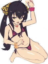 1girl animal_print bikini black_hair bracelet flat_chest hair_between_eyes heiyuu! idolmaster idolmaster_cinderella_girls jewelry leopard_print matoba_risa micro_bikini nail_polish necklace scrunchie simple_background sitting sketch swimsuit thong twintails wariza white_background wrist_scrunchie yellow_eyes