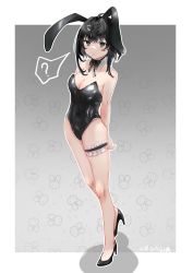 Rule 34 | 1girl, :o, ?, absurdres, ahoge, animal ears, arknights, arms behind back, bare legs, bare shoulders, black bow, black bowtie, black eyes, black footwear, black hair, black hairband, black leotard, border, bow, bowtie, breasts, bridal garter, cleavage, collarbone, covered navel, detached collar, fake animal ears, frills, gradient background, grey background, hair ornament, hairband, hairclip, high heels, highres, la pluma (arknights), leotard, looking at viewer, medium breasts, outside border, parted lips, playboy bunny, rabbit background, rabbit ears, short hair, signature, solo, speech bubble, spoken question mark, standing, strapless, strapless leotard, white border