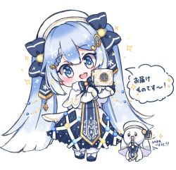 Rule 34 | 1girl, 1other, annatumikan, bass clef, beret, blue bow, blue dress, blue eyes, blue gloves, blue hair, blue neckwear, blue tabard, bow, bowtie, box, braid, capelet, chibi, commentary, dress, eighth note, fortissimo, full body, fur-trimmed capelet, fur trim, gloves, gold trim, hair bow, hair ornament, hat, hatsune miku, highres, holding, holding box, light blue hair, long hair, looking at viewer, musical note, musical note hair ornament, open mouth, rabbit, rabbit yukine, smile, snowflake in eye, snowflake print, sparkle, speech bubble, tabard, translated, treble clef, twintails, very long hair, vocaloid, white background, white capelet, white dress, white hair, white headwear, yuki miku, yuki miku (2021)