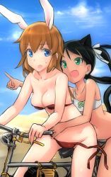Rule 34 | 2girls, :d, animal ears, aohashi ame, bicycle, bikini, black hair, blue eyes, blue sky, breasts, cat ears, cat tail, charlotte e. yeager, cleavage, cloud, collarbone, day, fang, francesca lucchini, green eyes, highres, long hair, looking at another, medium breasts, multiple girls, multiple riders, navel, open mouth, orange hair, pointing, rabbit ears, rabbit girl, red bikini, ribbon, riding, sky, smile, strike witches, swimsuit, tail, twintails, wardrobe malfunction, white ribbon, world witches series