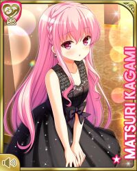 Rule 34 | 1girl, :o, black dress, blush, bow, character name, dress, girlfriend (kari), indoors, jewelry, kagami matsuri, long hair, looking at viewer, mansion, necklace, night, official art, open mouth, pink eyes, pink hair, qp:flapper, ribbon, solo, standing, two side up