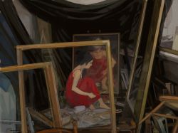 Rule 34 | 1girl, dress, empty picture frame, framed, kumaori jun, mirror, original, painting (action), painting (object), picture frame, self-portrait, solo