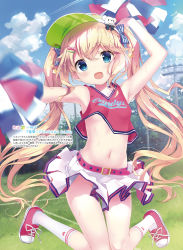 Rule 34 | 1girl, :d, arm up, armpits, bare arms, bare shoulders, belt, blonde hair, blue eyes, blue sky, blurry, bow, breasts, cheerleader, cloud, cloudy sky, collarbone, contrail, crop top, day, dengeki moeou, hair bow, hair ornament, hairclip, highres, holding, holding pom poms, kimishima ao, knees together feet apart, long hair, looking at viewer, midair, midriff, miniskirt, navel, open mouth, outdoors, pleated skirt, pom pom (cheerleading), pom poms, red shirt, scan, shirt, shoes, skirt, sky, sleeveless, sleeveless shirt, small breasts, smile, sneakers, socks, solo, star (symbol), stomach, striped, striped bow, sweat, thighs, twintails, very long hair, visor cap, white skirt, white socks
