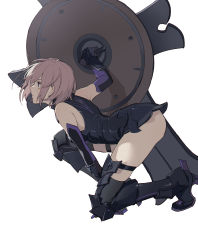 Rule 34 | 1girl, absurdres, armor, armored boots, back, bad id, bad pixiv id, bare shoulders, black armor, black gloves, black thighhighs, boots, commentary request, elbow gloves, fate/grand order, fate (series), from side, gauntlets, gloves, high heels, highres, holding, holding shield, holding weapon, light purple hair, looking ahead, mash kyrielight, on one knee, parted lips, profile, purple eyes, shield, short hair, simple background, solo, teeth, thighhighs, thighs, weapon, white background, zhibuji loom
