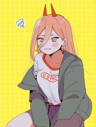 Rule 34 | 1girl, asymmetrical clothes, breasts, chainsaw man, commentary request, green jacket, gurukousu, hair between eyes, highres, horns, invisible chair, jacket, medium breasts, orange eyes, orange hair, power (chainsaw man), red horns, shirt, single pantsleg, sitting, solo, squiggle, wavy mouth, white shirt