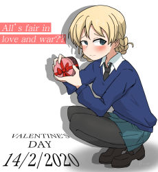 Rule 34 | 1girl, black footwear, black necktie, black pantyhose, blonde hair, blouse, blue eyes, blue skirt, blue sweater, blush, box, braid, braided bun, closed mouth, commentary, darjeeling (girls und panzer), dated, dress shirt, english text, gift, gift box, girls und panzer, hair bun, holding, holding gift, light frown, loafers, long sleeves, looking at viewer, miniskirt, necktie, pantyhose, pleated skirt, school uniform, shadow, shirt, shoes, short hair, skirt, solo, squatting, st. gloriana&#039;s school uniform, sweater, trudecharlotte, twin braids, twitter username, v-neck, valentine, white background, white shirt, wing collar