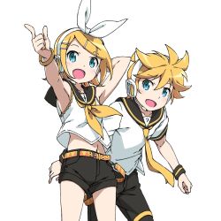 Rule 34 | 1boy, 1girl, aqua eyes, belt, blonde hair, bracelet, brother and sister, exit tunes, hair ribbon, headset, highres, jewelry, kagamine len, kagamine rin, kanzaki hiro, neck ribbon, necktie, ribbon, short hair, shorts, siblings, transparent background, twins, vocaloid, yellow necktie