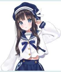 Rule 34 | 1girl, :o, beret, black hair, blue bow, blue eyes, blue hat, blue sailor collar, blue skirt, bow, commentary, hand up, hat, long sleeves, looking at viewer, midriff peek, original, parted lips, pleated skirt, puffy long sleeves, puffy sleeves, rimo, sailor collar, school uniform, serafuku, shirt, sidelocks, simple background, skirt, sleeves past wrists, solo, symbol-only commentary, white background, white shirt