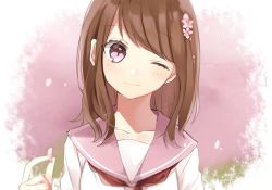 Rule 34 | 1girl, ;), blush, brown hair, closed mouth, collarbone, commentary request, flower, hachimitsu honey, hair flower, hair ornament, hand up, head tilt, holding, light smile, long hair, one eye closed, original, petals, pink flower, pink sailor collar, purple eyes, red neckwear, sailor collar, shirt, smile, solo, white shirt