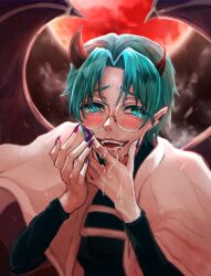 Rule 34 | 1boy, ami kiriwo, blue eyes, blue hair, blush, capelet, drooling, earclip, fangs, glasses, hands up, highres, horns, long sleeves, mairimashita! iruma-kun, male focus, mole, mole under eye, moon, open mouth, pointy ears, purple nails, red horns, red moon, saliva, solo, syun (ginmone), wet, white capelet, wings