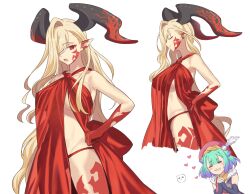 Rule 34 | 2girls, aora, asymmetrical bangs, bare shoulders, blonde hair, blood, breasts, closed eyes, cosplay, dress, elbow gloves, facial mark, fate/grand order, fate (series), feathers, gloves, green hair, grin, hair over one eye, hat, highres, horns, large breasts, locusta (fate), long hair, looking at viewer, multicolored hair, multiple girls, multiple views, nero claudius (fate), nero claudius (fate) (all), nosebleed, open mouth, panties, pink hat, pointy ears, purple hair, queen draco (fate), queen draco (fate) (cosplay), queen draco (first ascension) (fate), queen draco (third ascension) (fate), red dress, red eyes, short hair, side slit, small breasts, smile, thighs, two-tone hair, underwear