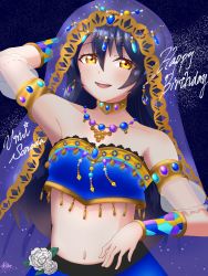 Rule 34 | /, 1girl, arabian clothes, armlet, artist name, artist request, bare shoulders, blue hair, blue sky, blush, breasts, choker, cloud, collarbone, dancer, female focus, flower, gold choker, gold trim, hair between eyes, highres, jewelry, long hair, looking at viewer, love live!, love live! school idol festival, love live! school idol project, necklace, night, night sky, outdoors, parted lips, pearl necklace, puffy short sleeves, puffy sleeves, see-through, see-through sleeves, short sleeves, sky, smile, solo, sonoda umi, star (sky), upper body, white flower, yellow choker, yellow eyes