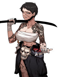 Rule 34 | 1girl, abs, absurdres, anger vein, angry, arm tattoo, bandaged chest, bandaged hand, bandages, bandages around chest, bare shoulders, black eyes, black hair, black nails, breasts, cleavage, clothes around waist, collarbone, ear piercing, fangs, fingernails, gigle, highres, holding, holding sword, holding weapon, horns, jacket, jacket around waist, katana, large breasts, legs, lip biting, looking at viewer, mask, mask on hip, mole, mole under eye, muscular, muscular female, noh mask, oni mask, original, piercing, sharp fingernails, short hair, shoulder tattoo, solo, sword, tattoo, tomboy, weapon, white background