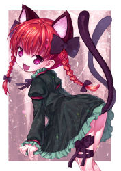 Rule 34 | 1girl, animal ears, bent over, braid, cat ears, cat girl, cat tail, dress, female focus, hair ribbon, kaenbyou rin, kiira, looking back, multiple tails, purple eyes, ribbon, solo, tail, touhou, twin braids, twintails