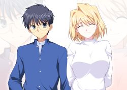 Rule 34 | 1boy, 1girl, arcueid brunestud, arms behind back, black hair, blue jacket, breasts, commentary request, closed eyes, glasses, grey eyes, halcon, highres, jacket, large breasts, long sleeves, school uniform, short hair, smile, standing, sweater, tohno shiki, tsukihime, upper body, white sweater, zoom layer