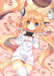 Rule 34 | 1girl, :o, animal ear fluff, animal ears, blonde hair, blue eyes, blush, bra, candy, cup, food, fox ears, hair ornament, hairclip, headphones, long hair, looking at viewer, low twintails, lying, on back, open mouth, original, p19, playing games, solo, striped clothes, striped thighhighs, sweater, sweets, table, thighhighs, twintails, underwear, vertical-striped clothes, vertical-striped thighhighs, very long hair, virtual youtuber, white bra, white thighhighs, x hair ornament, zettai ryouiki