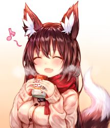 Rule 34 | 1girl, ^ ^, animal ears, beige background, blush, breasts, brown hair, cardigan, closed eyes, fang, fox ears, fox girl, fox tail, fringe trim, gradient background, hair between eyes, highres, hot chocolate, long hair, medium breasts, musical note, open mouth, original, quaver, red scarf, scarf, sleeves past wrists, smile, solo, steam, sukemyon, tail, upper body