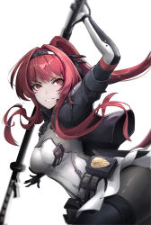 Rule 34 | 1girl, absurdres, breasts, hair tie, highres, holding, holding weapon, long hair, looking at another, mcoco7, medium breasts, punishing: gray raven, red eyes, red hair, simple background, smile, thighs, vera: garnet (punishing: gray raven), vera (punishing: gray raven), weapon, white background