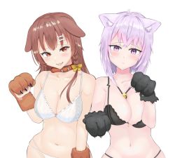 Rule 34 | 2girls, absurdres, animal ear fluff, animal ears, animal hands, bell, black bra, black panties, blush, bone hair ornament, bow, bra, braid, breasts, cat ears, cat girl, cleavage, collar, collarbone, commentary, dog ears, dog girl, embarrassed, english commentary, fangs, gloves, hair bow, hair ornament, hairclip, highres, hololive, inugami korone, medium breasts, multiple girls, navel, nekomata okayu, open mouth, pandas (atpandas), panties, paw gloves, paw pose, underwear, underwear only, virtual youtuber, white background, white bra, white panties, yellow bow