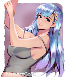 Rule 34 | 1girl, aqua eyes, bare shoulders, blue hair, breasts, commentary, earrings, hair ornament, hairclip, jewelry, lips, long hair, looking at viewer, medium breasts, neoartcore, original, parted lips, signature, smile, solo, strap slip