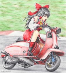 Rule 34 | 1girl, alternate footwear, ascot, black eyes, black footwear, black gloves, black hair, boots, colored pencil (medium), commentary request, day, detached sleeves, frilled skirt, frills, from side, gloves, grass, hair ribbon, hair tubes, hakurei reimu, highres, lambretta, long hair, looking to the side, motor vehicle, outdoors, racetrack, red pond, red skirt, red vest, ribbon, ribbon-trimmed sleeves, ribbon trim, road, scooter, skirt, solo, touhou, traditional media, twitter username, very long hair, vest, yellow ascot