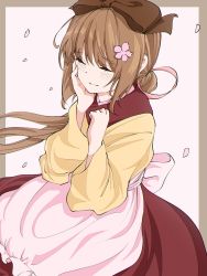 Rule 34 | apron, blush, bow, brown hair, cherry blossoms, closed mouth, cowboy shot, closed eyes, flower, frilled apron, frills, hair bow, hair flower, hair ornament, hand on own cheek, hand on own face, highres, idolmaster, idolmaster cinderella girls, japanese clothes, kimono, long sleeves, outside border, petals, ponytail, smile, solo, suikauri2222, wide sleeves, yorita yoshino