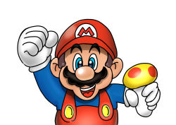 Rule 34 | 1boy, absurdres, arm up, blue eyes, brown hair, food, gloves, grin, hat, highres, holding, holding food, looking at viewer, mario, mario (series), mushroom, nintendo, open mouth, overalls, sideburns, smile, standing, super mario bros. 1, super mushroom, upper body