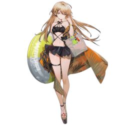 Rule 34 | 1girl, bag, bare shoulders, bikini, black bikini, breasts, brown bag, brown eyes, character name, closed mouth, collarbone, copyright name, cross, cross earrings, earrings, floor, girls&#039; frontline, gun, highres, holding, holding bag, holding swim ring, innertube, jewelry, legs, light brown hair, long hair, looking at viewer, navel, official alternate costume, official art, phone, platform footwear, ppk (foliage romance) (girls&#039; frontline), ppk (girls&#039; frontline), revision, sandals, simple background, small breasts, smile, solo, standing, summer, swim ring, swimsuit, thigh strap, viewfinder, weapon, youamo