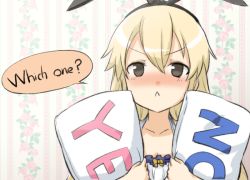 Rule 34 | &gt;:&lt;, 10s, 1girl, :&lt;, blonde hair, blush, closed mouth, commentary request, engiyoshi, english text, grey eyes, hair between eyes, hair ornament, hairband, kantai collection, long hair, looking at viewer, no, hugging object, pillow, pillow hug, shimakaze (kancolle), solo, v-shaped eyebrows, yes, yes-no pillow