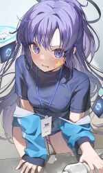 Rule 34 | 1girl, absurdres, blue archive, blue buruma, blue jacket, blue shirt, blush, bottle, buruma, commentary request, drone, gym shirt, gym uniform, halo, highres, holding, holding bottle, id card, jacket, lanyard, long hair, looking at viewer, ningen mame, off shoulder, official alternate costume, open mouth, partially unzipped, purple eyes, purple hair, shirt, short sleeves, solo, star sticker, sticker on face, sweat, track jacket, yuuka (blue archive), yuuka (track) (blue archive)