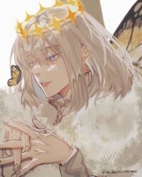 Rule 34 | 1boy, arthropod boy, blue eyes, bug, butterfly, butterfly wings, cloak, crown, diamond hairband, fate/grand order, fate (series), fur-trimmed cloak, fur trim, insect, insect wings, interlocked fingers, long sleeves, maidhao, male focus, medium hair, oberon (fate), shirt, signature, simple background, smile, solo, upper body, white background, white cloak, white shirt, wings